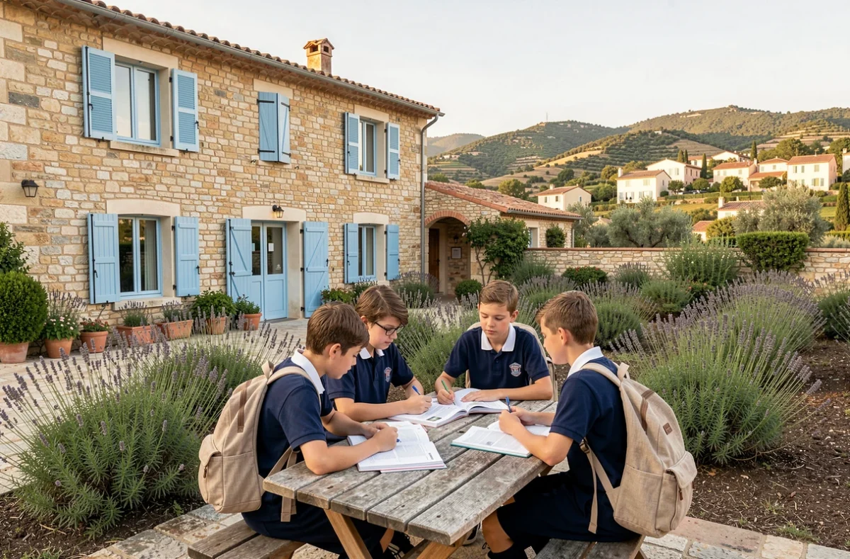 Des élèves du Collège privé Assomption à Cogolin travaillant en groupe dans la cour extérieure de l'établissement entouré de collines provençales
