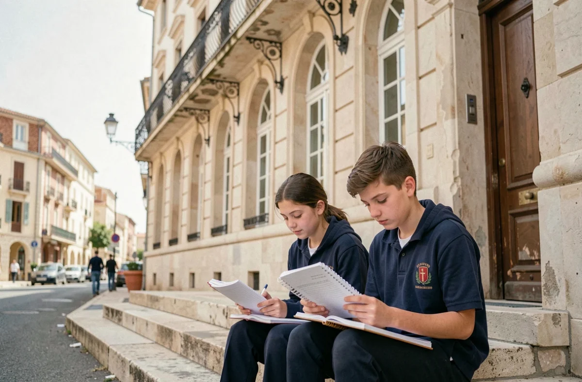 Deux élèves du Collège privé Bon Accueil à Toulon assis sur des marches en pierre devant la façade urbaine de l'établissement, révisant leurs notes