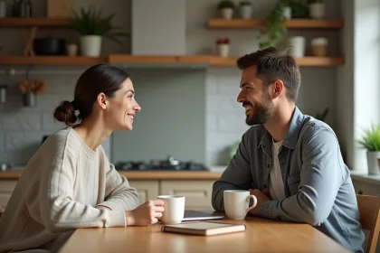 Couple en conversation apaisée autour d'une table de cuisine, illustrant l'équilibre et la communication dans la vie de couple