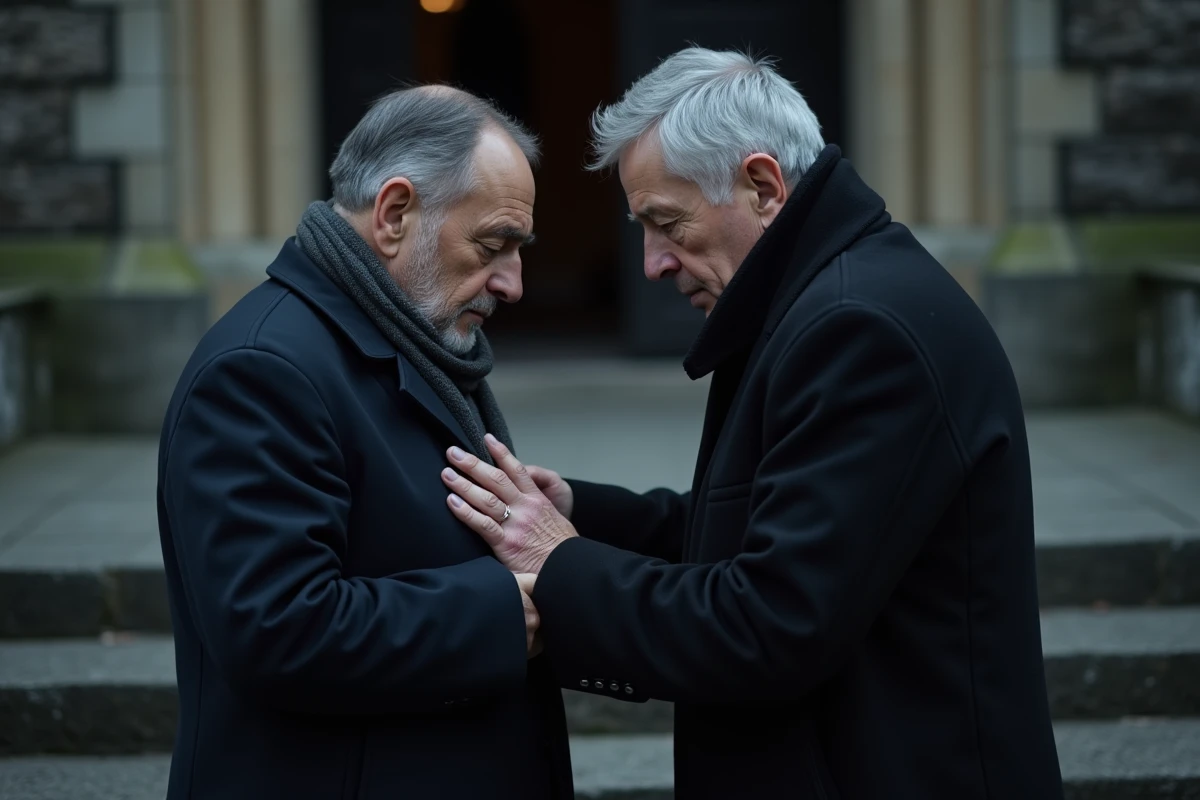 Deux hommes d'âge mûr devant une église lors d'obsèques, geste de réconfort et expression de condoléances sincères entre amis proches