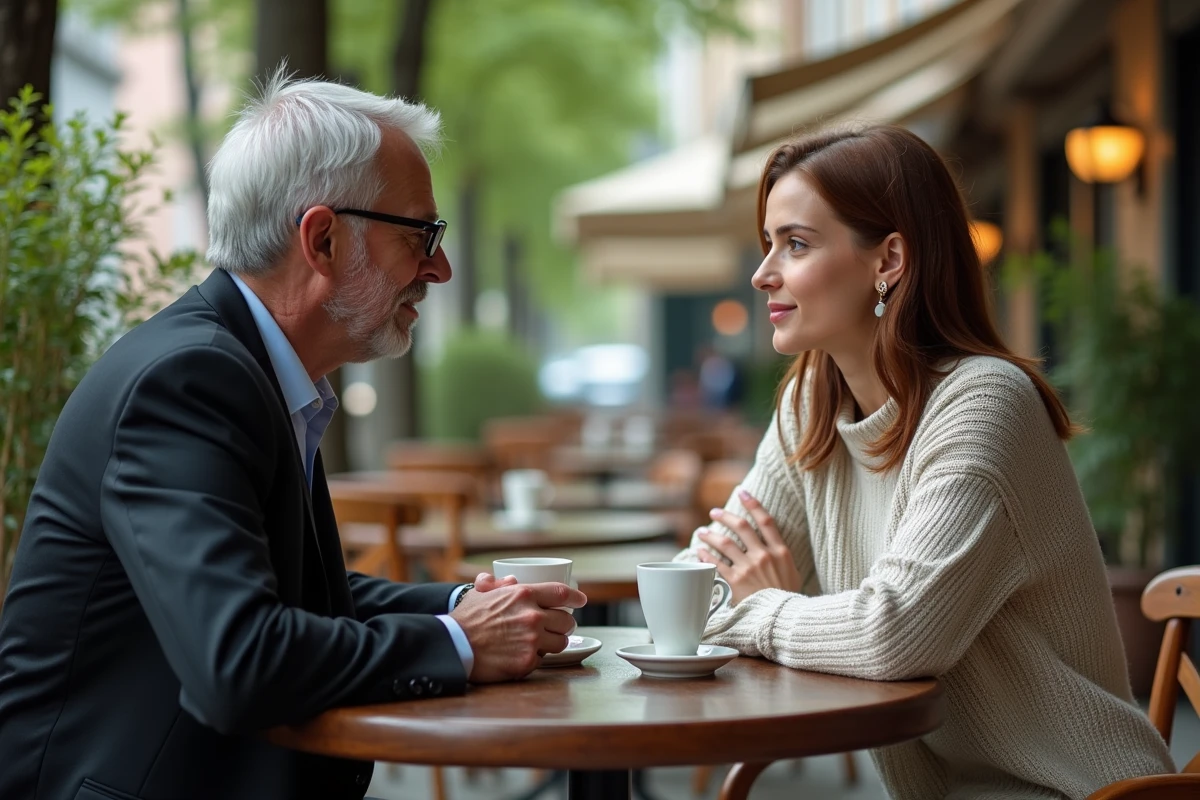Homme et femme discutant dans un café en extérieur