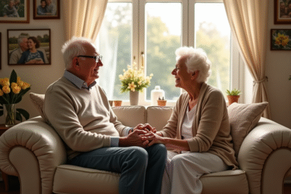 Couple âgé souriant main dans la main dans un salon lumineux