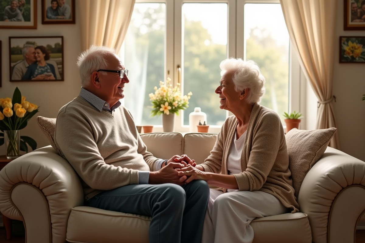 Couple âgé souriant main dans la main dans un salon lumineux