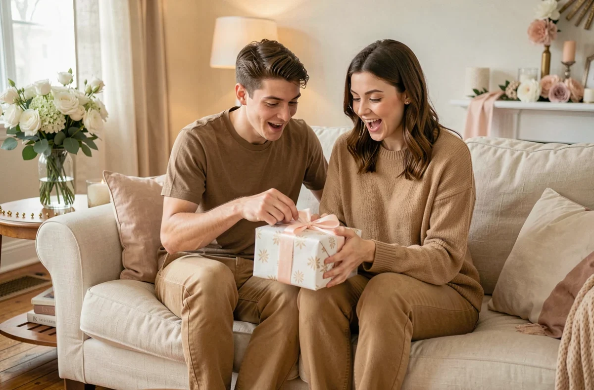 Jeune couple découvrant un cadeau personnalisé lors d'une célébration de baptême dans un salon décoré