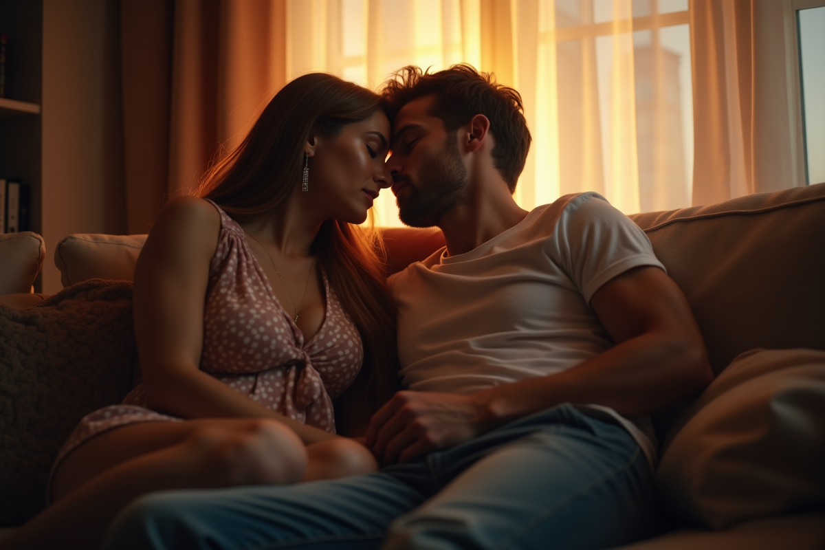 Couple dans leur trentaine partageant un moment intime sur le canapé