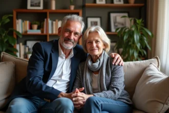 Couple français d'âge moyen souriant dans un salon chaleureux