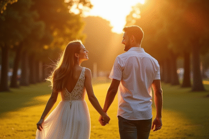 Couple marié marchant dans un parc ensoleille