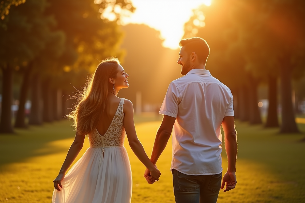Couple marié marchant dans un parc ensoleille