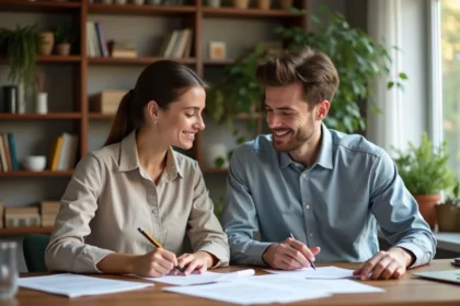 Jeune couple organise documents dans un appartement cosy