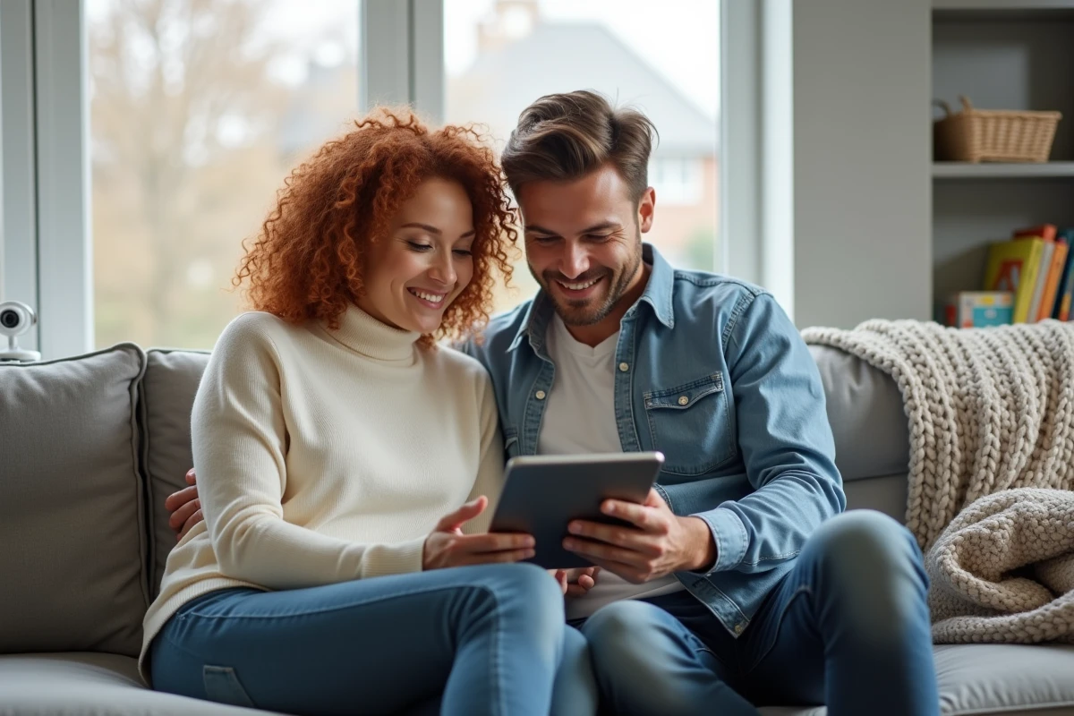 Couple de parents consultant ensemble un blog parental sur une tablette dans un salon apaisant