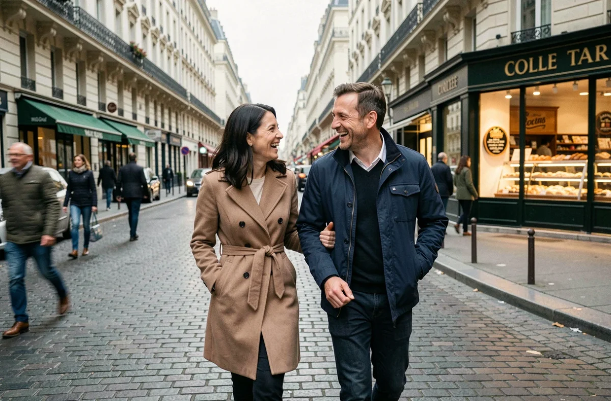 Couple élégant se promenant sur un boulevard parisien, illustrant la vie commune d'un couple de personnalités françaises