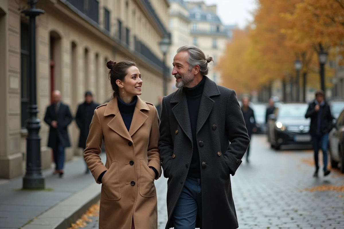 Couple marchant dans une rue parisienne pavée en automne, illustrant la vie privée et la complicité d'un couple connu