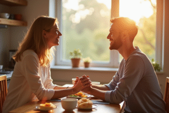Couple souriant tenant la main lors du petit déjeuner