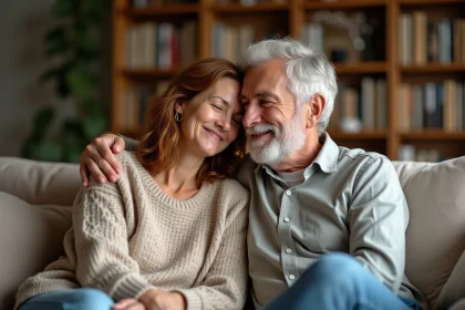 Femme et homme assis sur un canapé cosy en salon