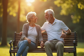 Couple mature souriant main dans la main sur un banc en plein soleil