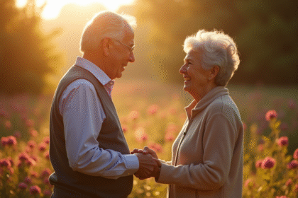 Couple âgé échangeant des vœux en extérieur lors du coucher de soleil