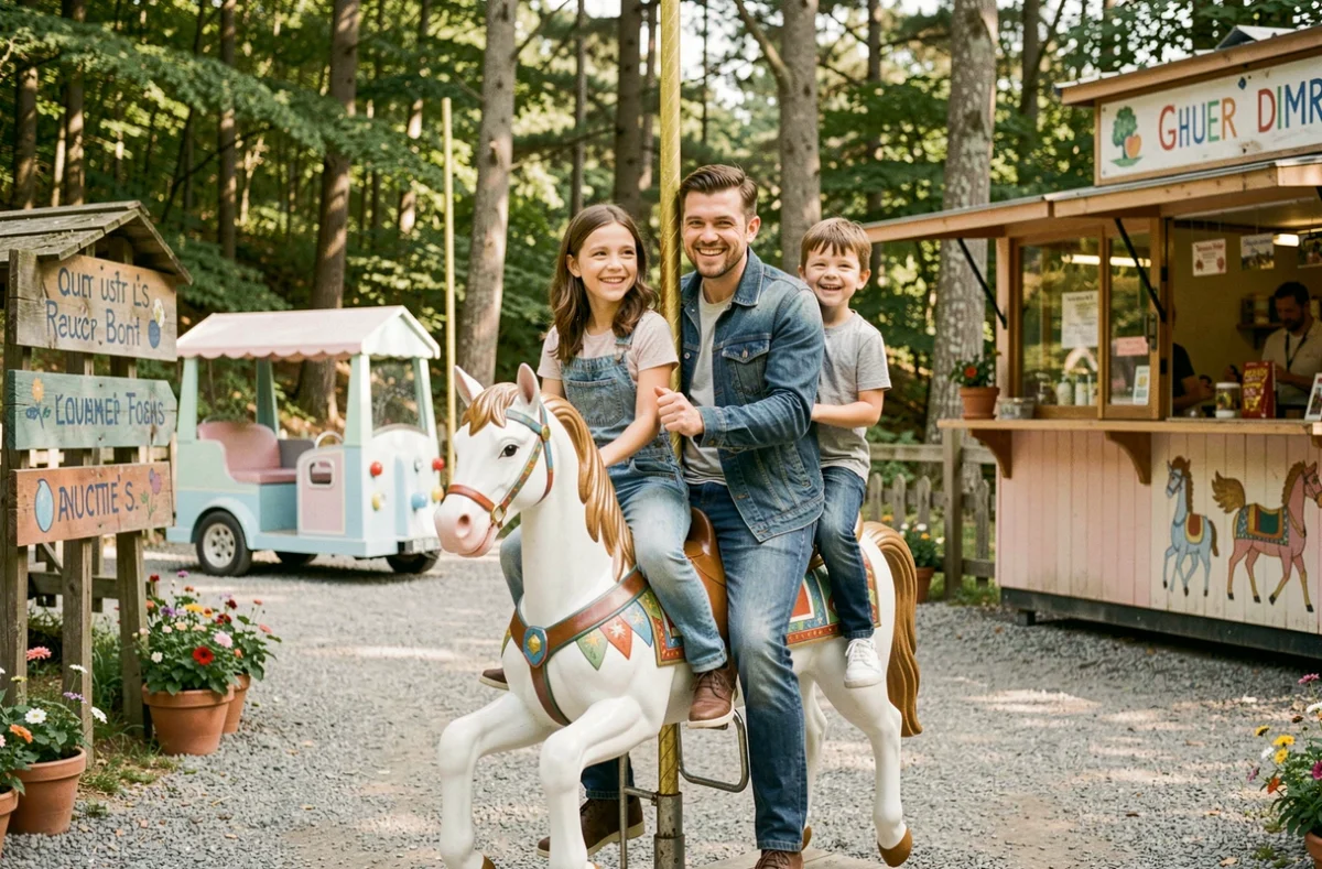 Famille en train de profiter du carrousel au Dennlys Parc, parc d'attractions à taille humaine