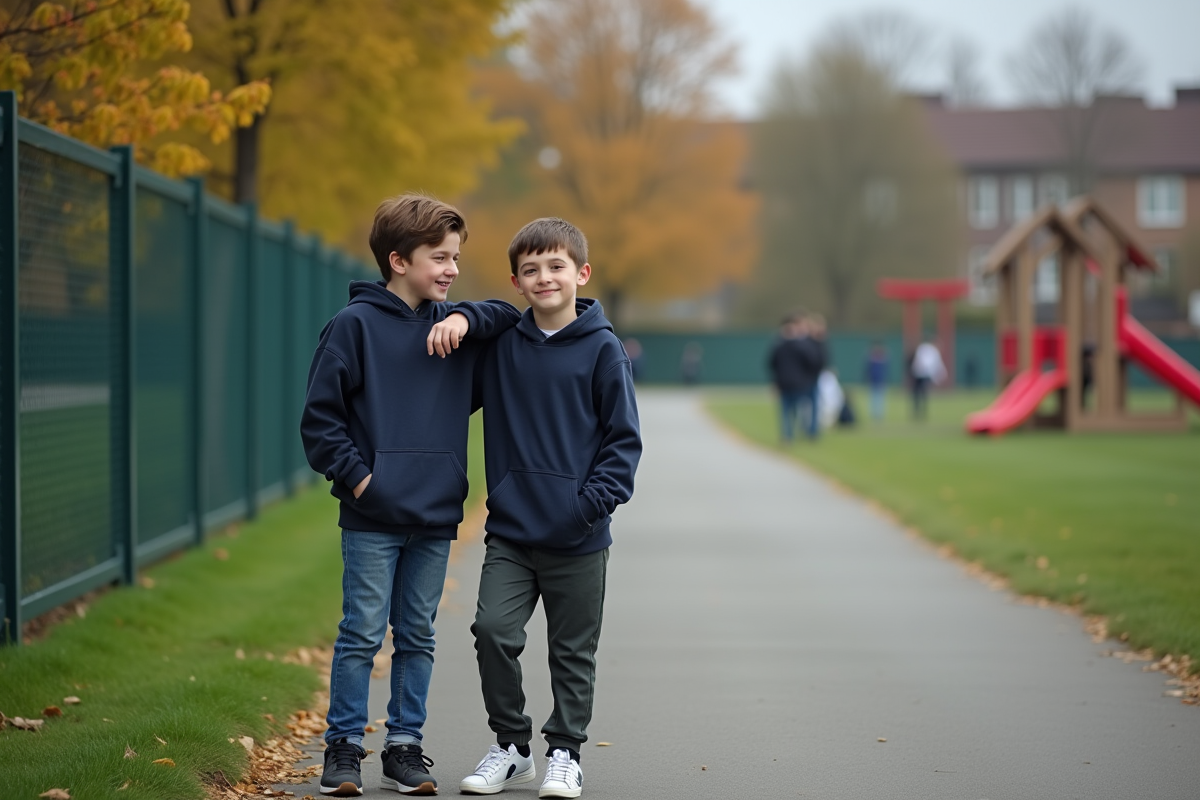 Deux adolescents souriants dans un parc en extérieur