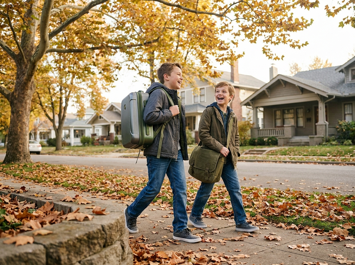 Deux garçons marchant vers l'école avec deux styles de cartables différents en automne