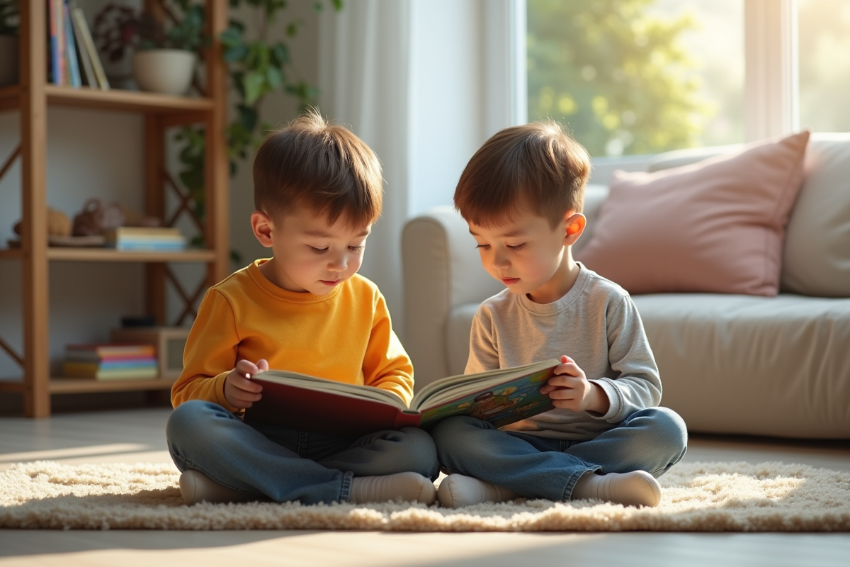 Deux garçons de 6 et 7 ans lisant un livre dans le salon