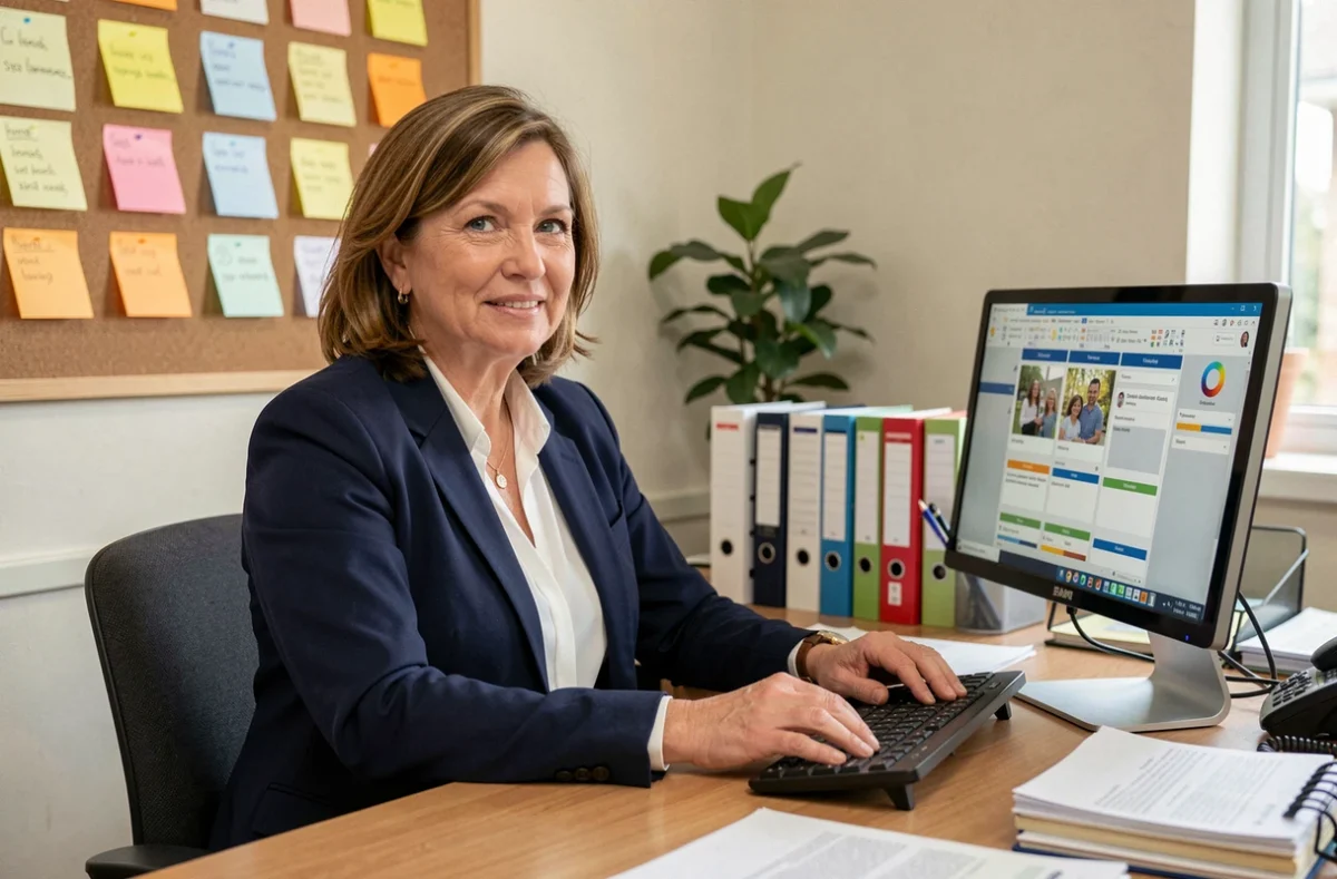 Directrice d'école assise à son bureau consultant un logiciel de suivi des familles sur ordinateur