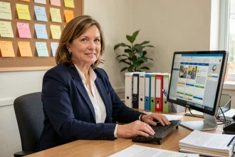 Directrice d'école assise à son bureau consultant un logiciel de suivi des familles sur ordinateur
