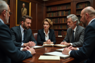Quatre adultes discutent autour d'une table en bois ancien