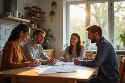 Jeune adulte avec ses parents discutant de papiers dans une cuisine lumineuse