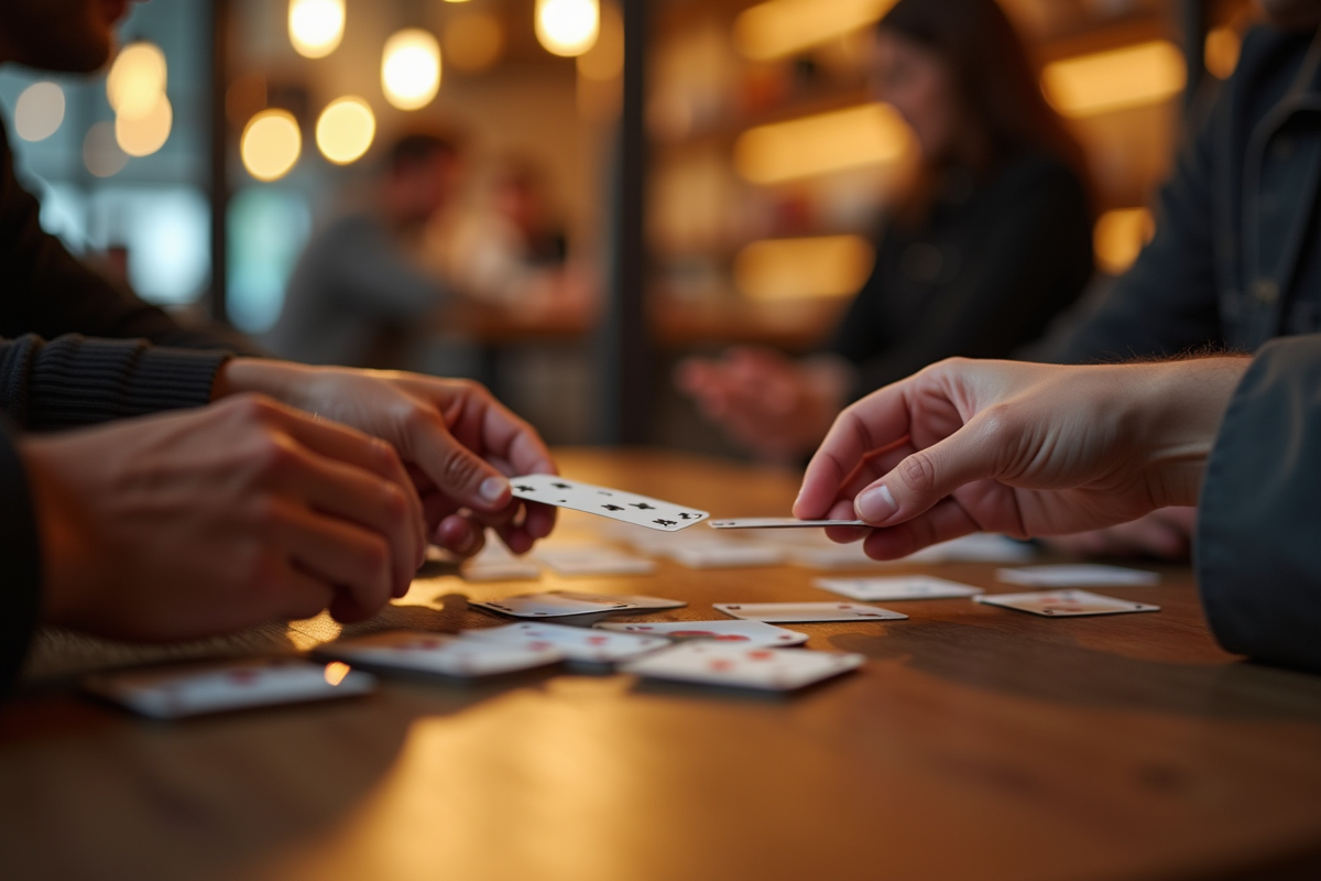 Mains échangeant des cartes sur un jeu de société en café