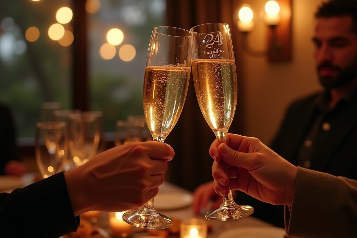 Mains échangeant un verre de champagne gravé 24 ans lors d une fête