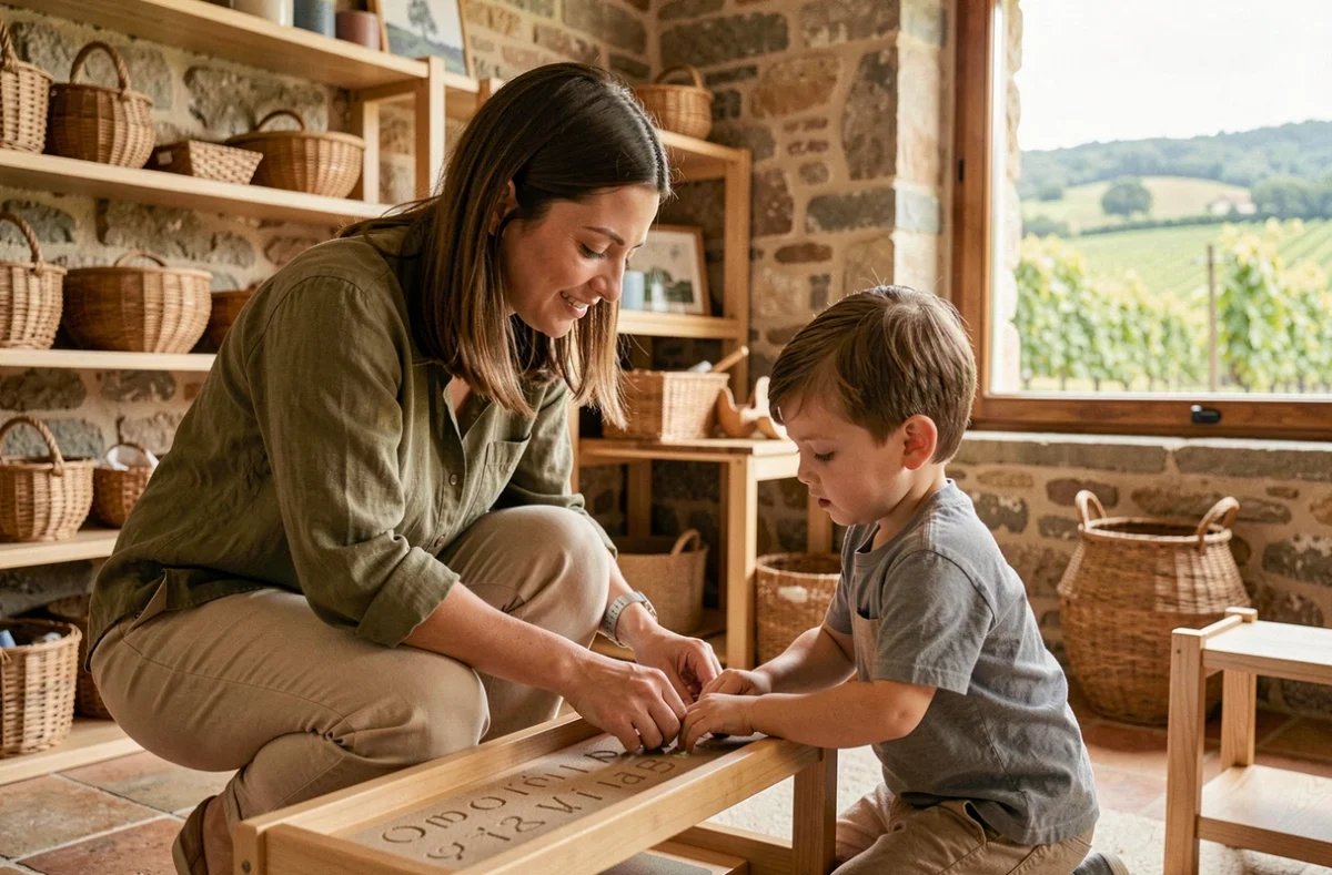 Une enseignante guidant un élève dans l'apprentissage des lettres en papier de verre dans la salle en pierre d'Ecol'Aude Montessori dans l'Aude