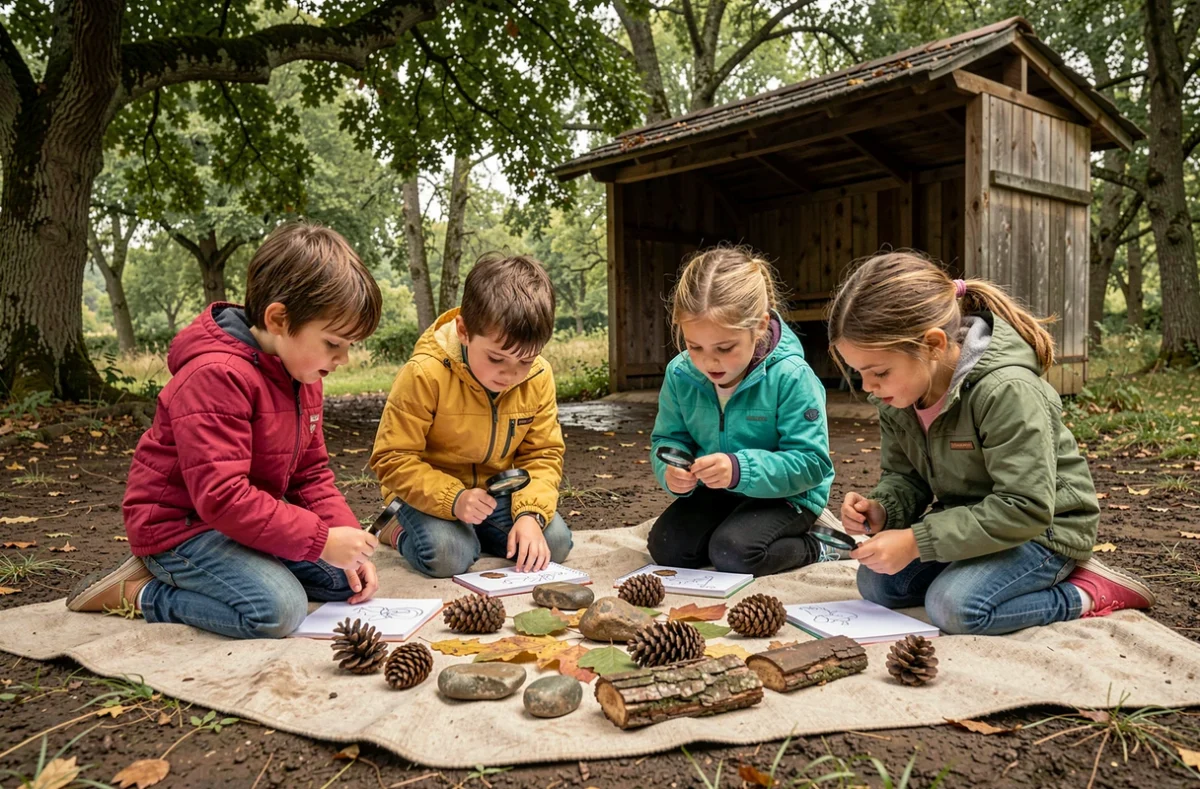 Groupe d'enfants explorant des objets naturels dans la forêt lors d'une activité pédagogique Montessori-Freinet de l'école alternative La Découverte