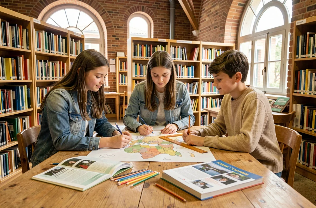 Adolescents collaborant sur un projet cartographique dans la bibliothèque de l'école et collège La Boétie à Toulouse
