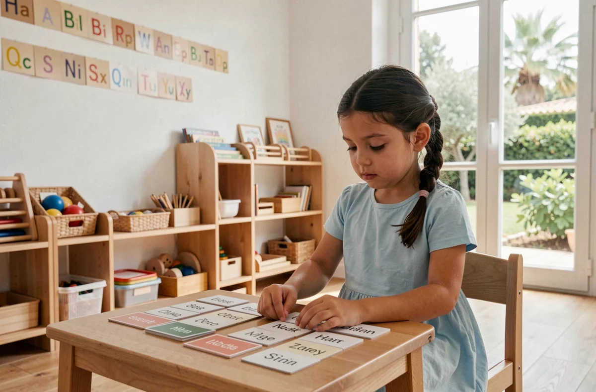 Jeune élève travaillant sur des cartes de vocabulaire bilingues français-anglais dans une salle de classe Montessori à Montpellier