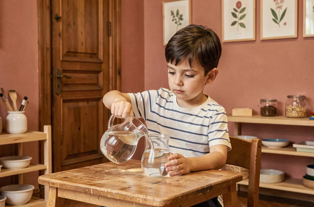 Jeune garçon s'exerçant au transvasement de l'eau avec des carafes en verre dans la salle au décor chaleureux de l'école Montessori Bilingue la Tour Rose à Toulouse