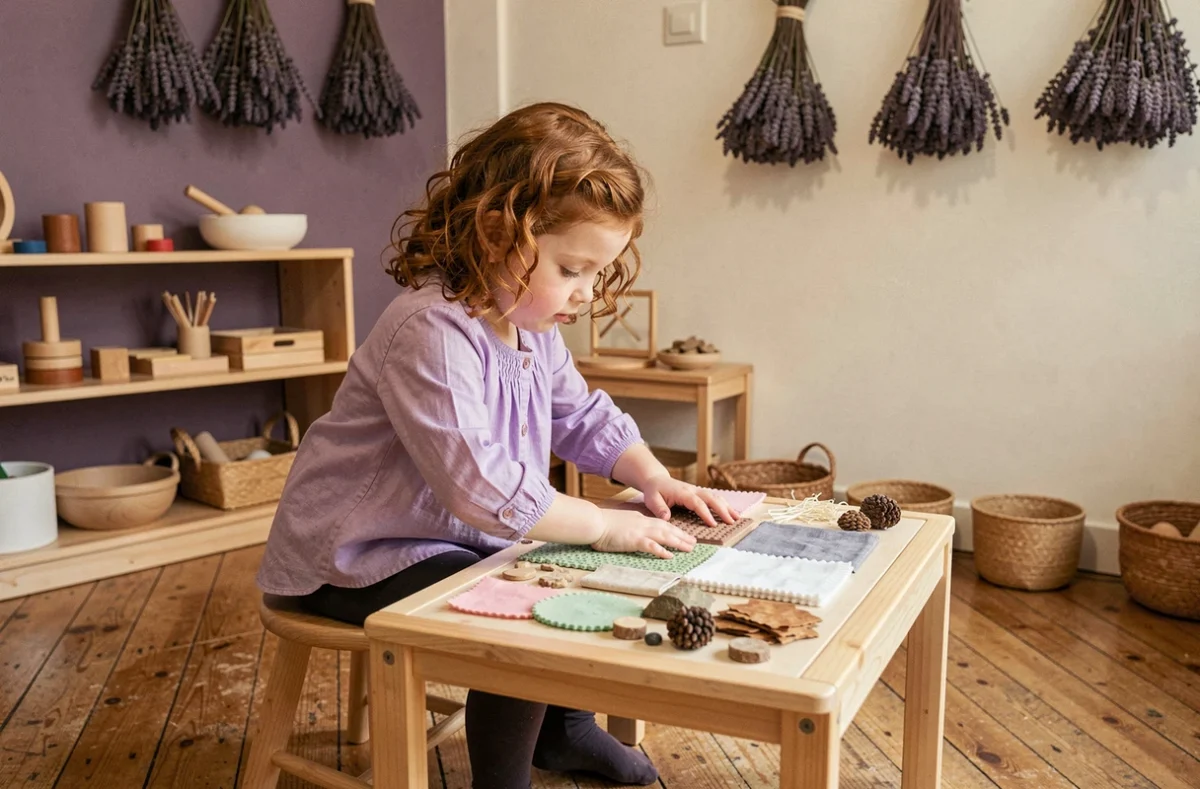 Petite fille explorant un tableau sensoriel Montessori dans la salle de classe colorée de La Violette Toulousaine à Toulouse