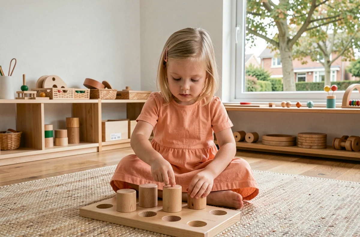 Petite fille concentrée sur un exercice de cylindres en bois Montessori dans la salle lumineuse de l'école Montessori de Cornebarrieu