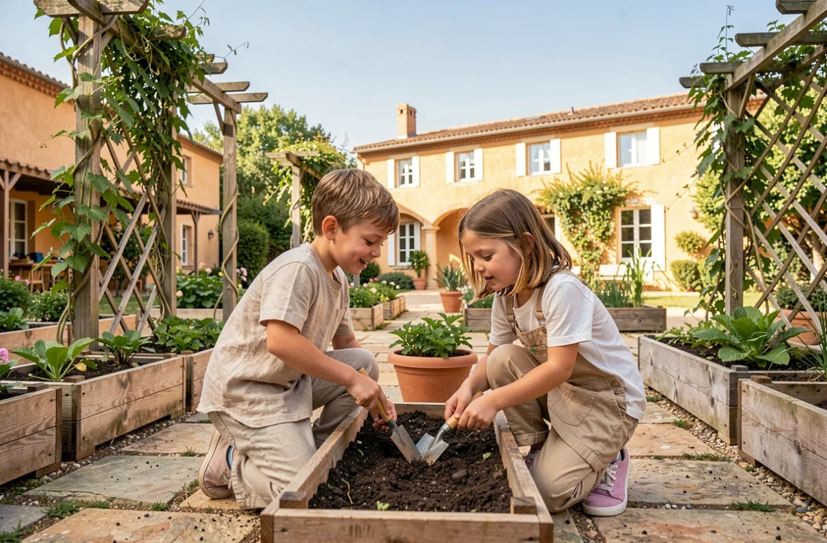 Deux enfants pratiquant le jardinage pédagogique dans la cour verdoyante de l'école Montessori internationale Le Village à Castelnau-le-Lez