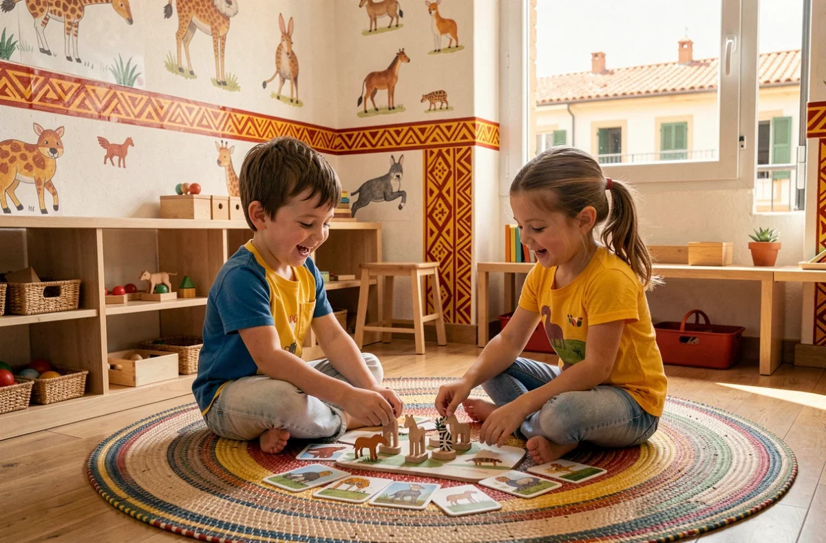 Deux enfants jouant avec des figurines animales en bois sur un tapis coloré dans la salle de classe joyeuse de l'école Montessori Les Petits Castors à Perpignan
