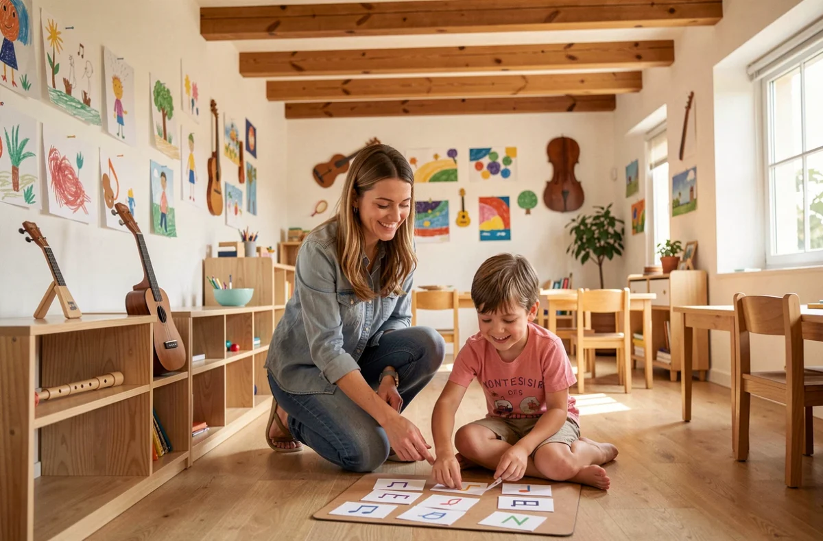 Une enseignante et un élève de l'École Montessori Les Music'Arts à La Garde travaillant ensemble sur des cartes de notes musicales dans une salle de classe colorée avec des instruments