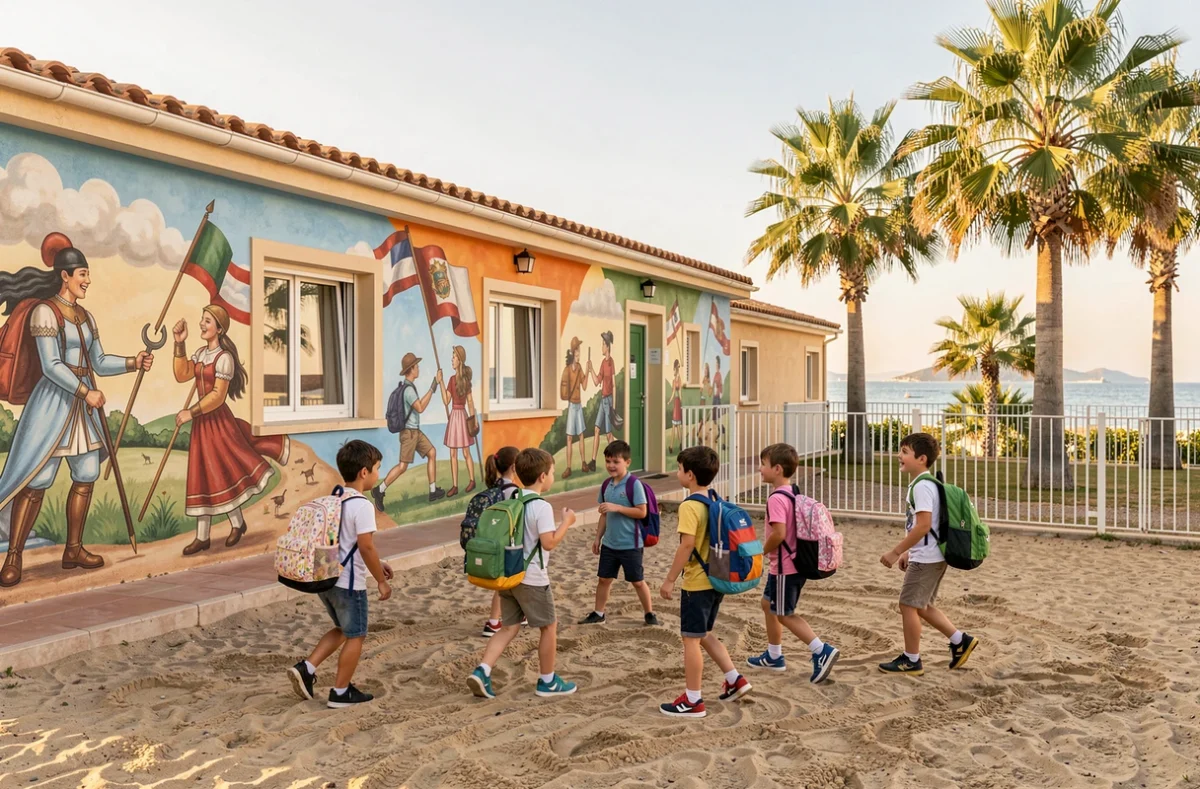 Des élèves de l'École privée Jeanne d'Arc à Hyères jouant dans la cour ensoleillée devant les murs colorés de l'établissement avec des palmiers en arrière-plan