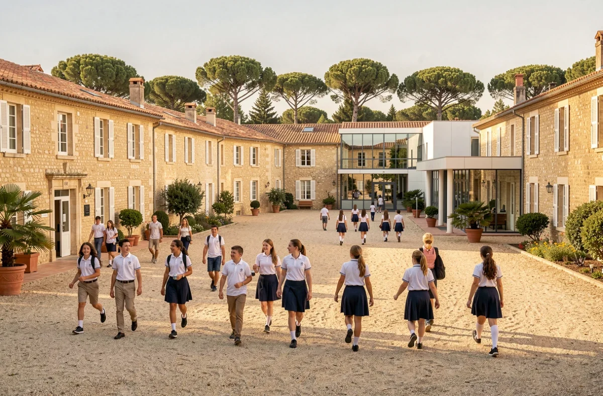 Vue d'ensemble d'un campus scolaire privé dans le Var avec des élèves traversant une cour ensoleillée entourée de façades en pierre et de pins méditerranéens