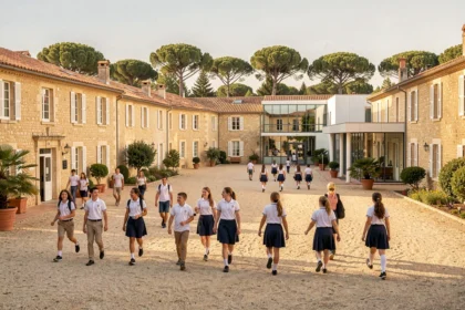 Vue d'ensemble d'un campus scolaire privé dans le Var avec des élèves traversant une cour ensoleillée entourée de façades en pierre et de pins méditerranéens