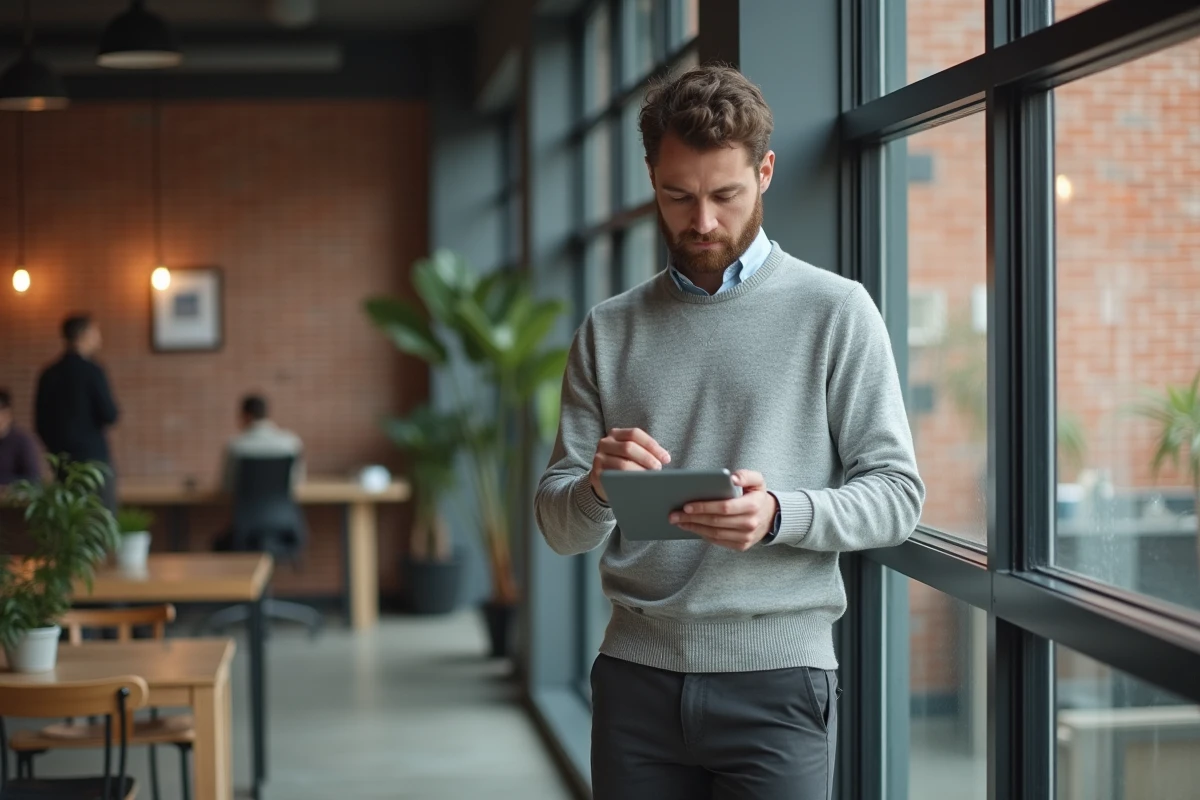 Homme en tenue décontractée professionnelle consultant un mail de rentrée sur une tablette dans un espace de coworking moderne