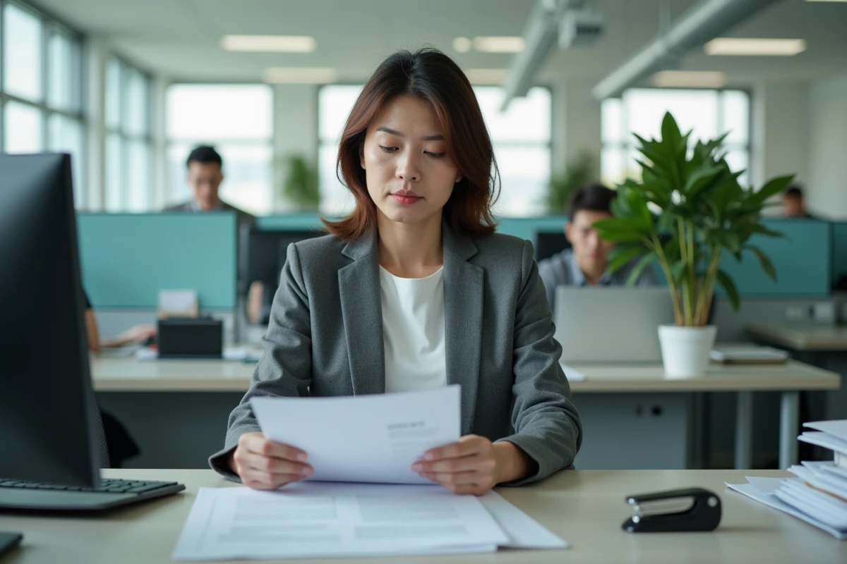 Employée administrative de la CAF traitant un dossier de dénonciation dans un bureau officiel