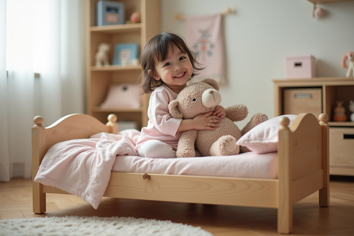 Petite fille souriante en pyjama pastel dans sa chambre chaleureuse