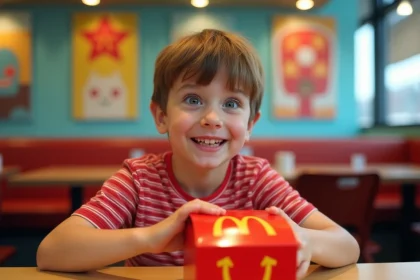 Enfant français enthousiasmé ouvrant un Happy Meal McDonald's dans un restaurant en France