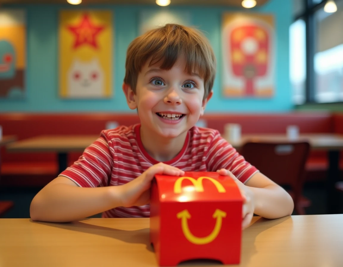 Enfant français enthousiasmé ouvrant un Happy Meal McDonald's dans un restaurant en France
