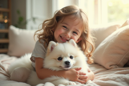 Enfant heureux avec un chiot spitz japonais dans un salon lumineux