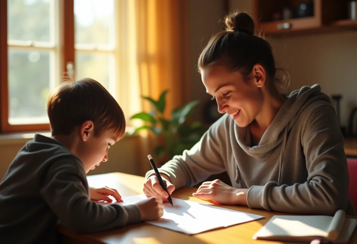 Jeune garçon concentré à faire ses devoirs avec un parent dans un cadre chaleureux